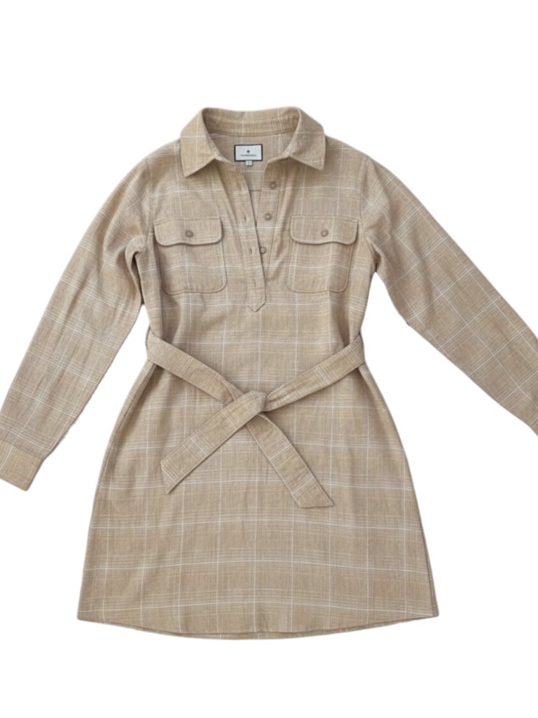Tuckernuck Mary Tyler Wine Tasting Tan & White Plaid Cotton Belted Shirt Dress M — image 2 of 5